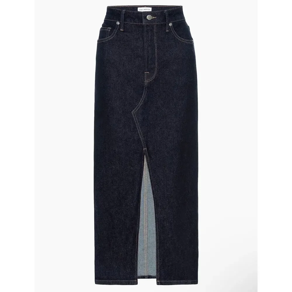 Good American Stretch Denim Indigo Midi Skirt Size 24 (Plus), NWT - Picture 3 of 12
